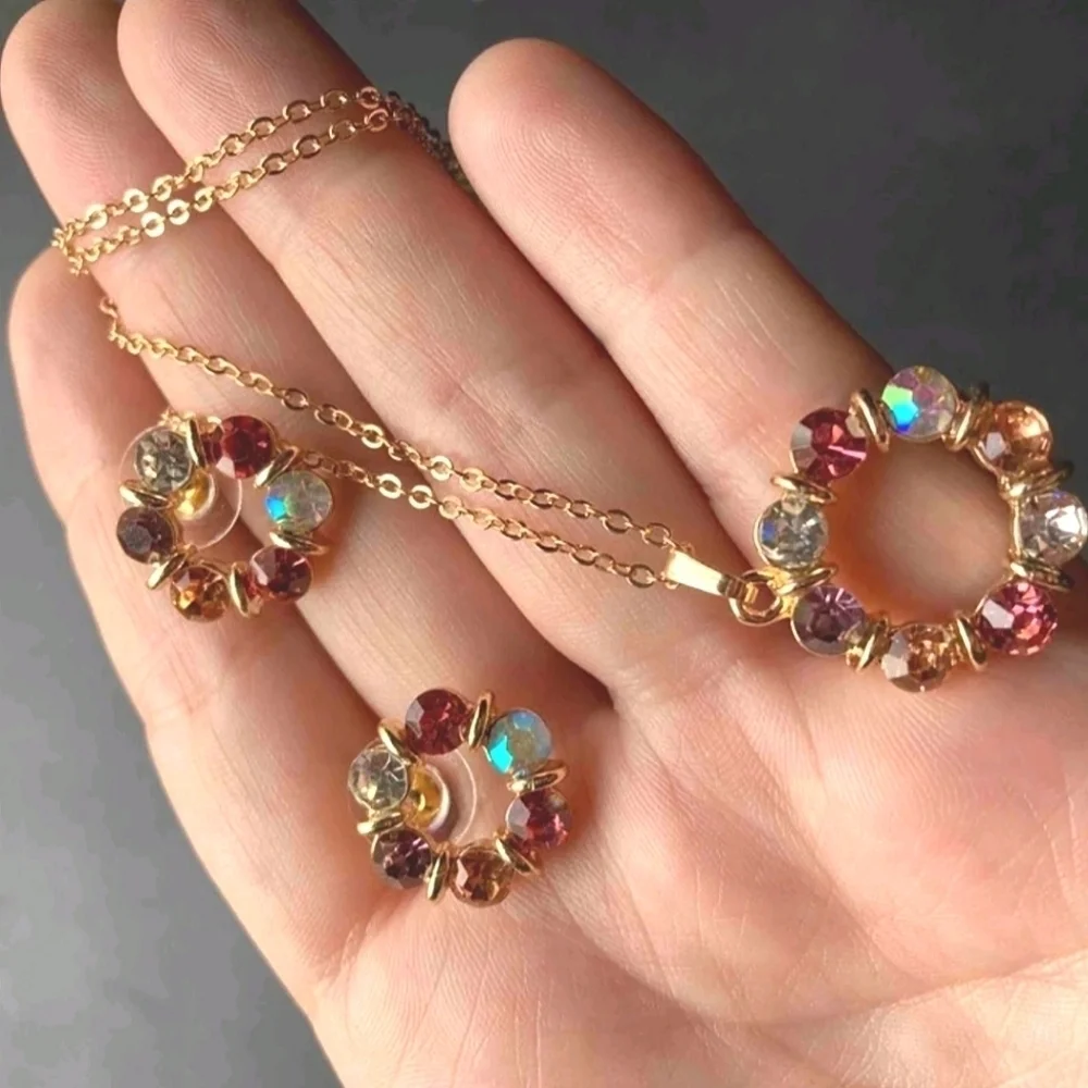 Gold rhinestones Necklace and earrings set dainty Rainbow multicolor 💖